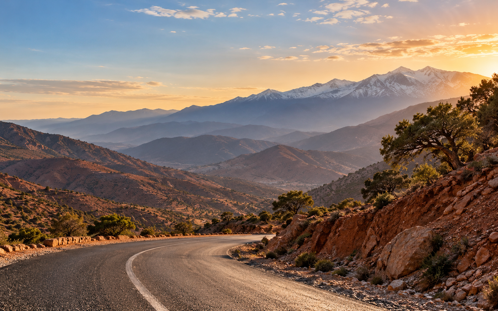 Route de montagne dans le Haut Atlas au lever du soleil, au départ de Marrakech